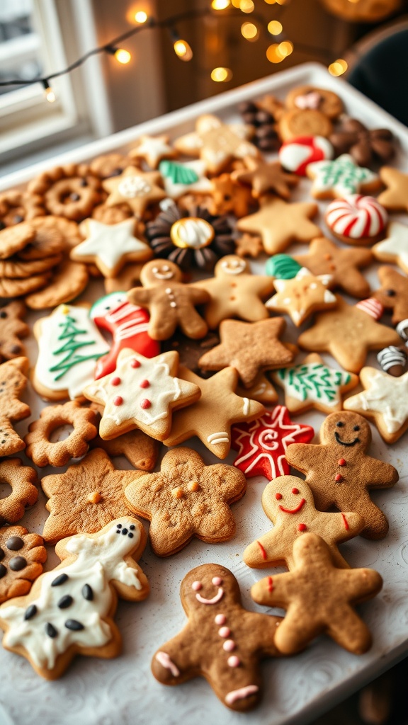 A colorful display of various homemade cookies on a festive table for a cookie exchange.